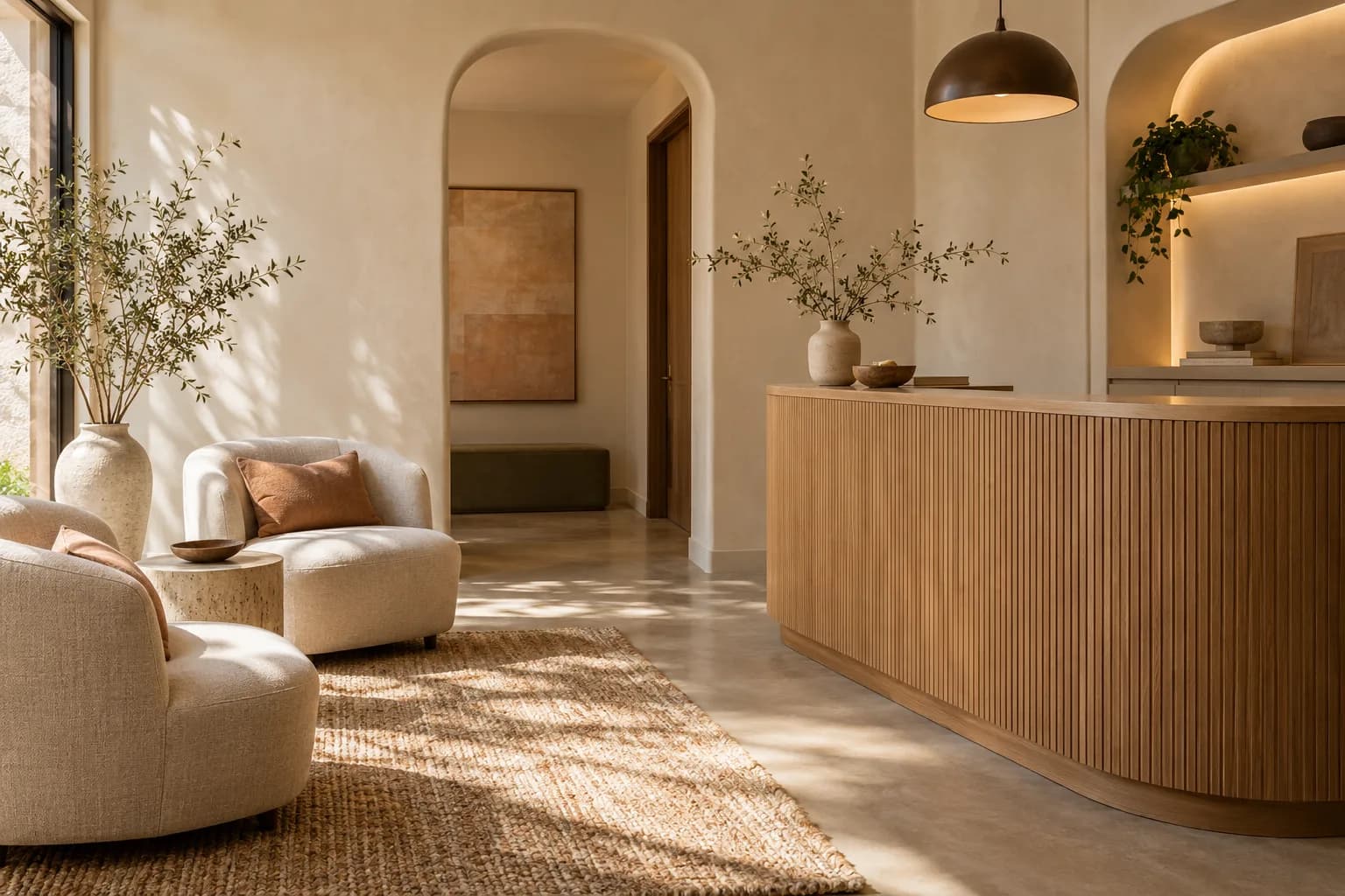 A calm clinic interior with warm light across a reception area.